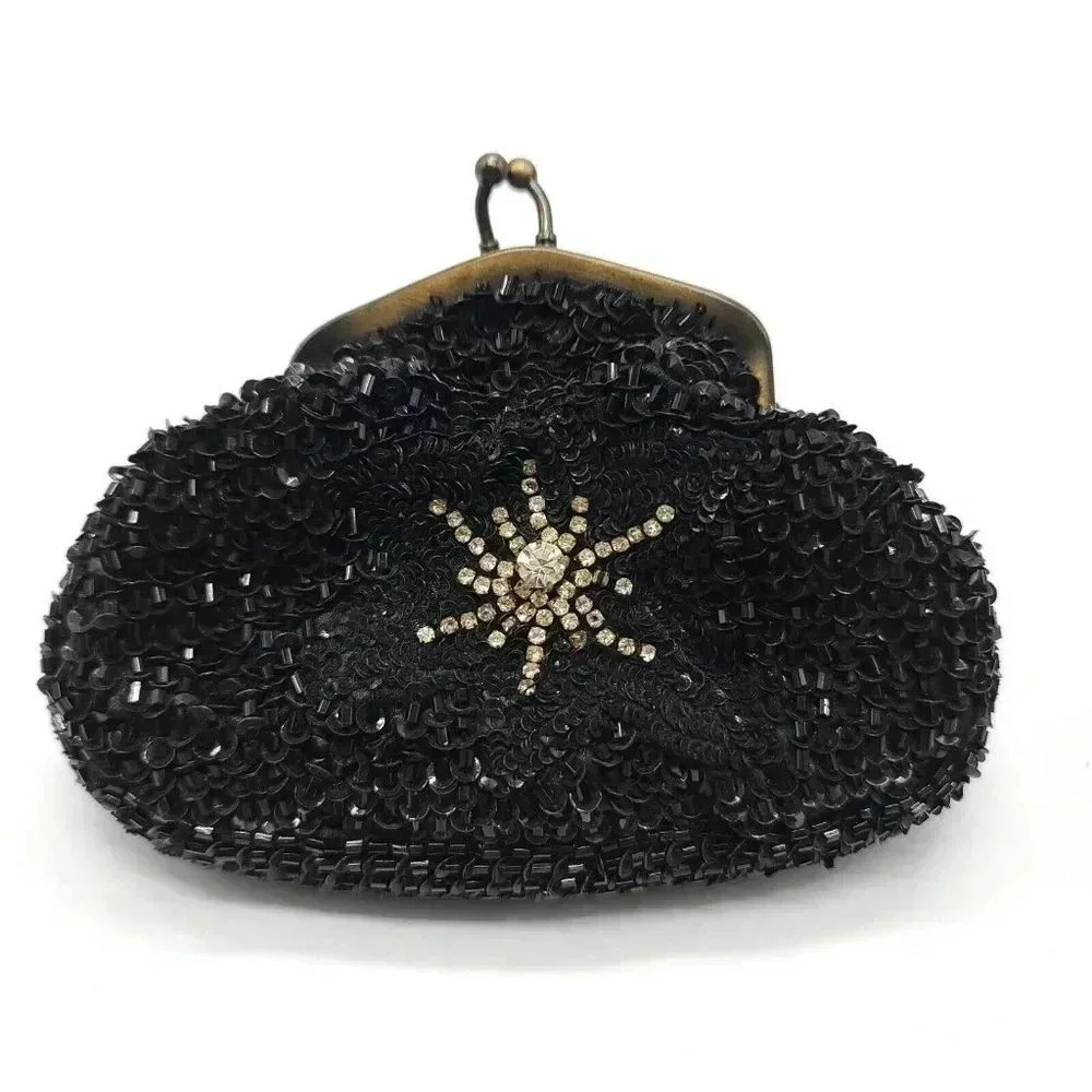 Christian Livingston Collection Black Sequin Clear Rhinestone Flower Evening Bag